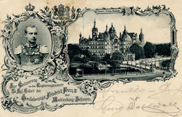 Aus Anlass des Regierungsantritts des Großherzogs Friedrich Franz IV. von Mecklenburg-Schwerin herausgegebene Ansichtskarte 1897
